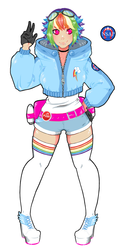 Size: 1051x1920 | Tagged: safe, artist:naliaderp, rainbow dash, human, g4, astrodash, astronaut, clothes, female, goggles, humanized, rainbow socks, red button, socks, solo, spacesuit, striped socks