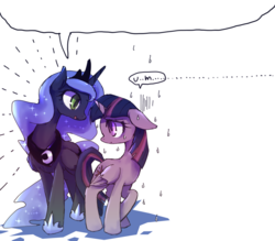 Size: 1000x876 | Tagged: safe, artist:kolshica, princess luna, twilight sparkle, alicorn, pony, g4, comic, eye contact, female, floppy ears, mare, nervous, open mouth, out of context, smiling, speech bubble, sweat, twilight sparkle (alicorn)