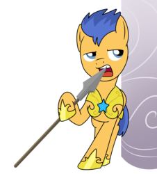 Size: 903x1000 | Tagged: safe, artist:madmax, flash sentry, pegasus, pony, g4, hoof hold, idiot sentry, improvised toothpick, leaning, male, solo, spear, stallion, teeth, this will end in tears, toothpick