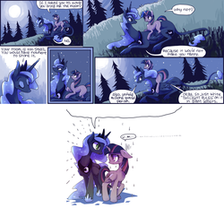 Size: 1941x1800 | Tagged: safe, artist:kolshica, princess luna, twilight sparkle, alicorn, classical unicorn, pony, g4, comic, cute, eye contact, eyes closed, female, floppy ears, horn, leonine tail, lunabetes, mare, moon, nervous, night, on top, open mouth, parody, phoebe and her unicorn, ponies riding ponies, prone, raised hoof, riding, smiling, speech bubble, style emulation, sweat, twiabetes, twilight riding luna, twilight sparkle (alicorn), unshorn fetlocks