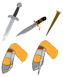 Size: 450x550 | Tagged: safe, artist:the-chibster, applejack, g4, ask-hunterjack, dagger, hooves, knife, stake, tumblr, weapon