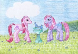 Size: 1024x714 | Tagged: safe, artist:normaleeinsane, cupcake (g2), wingsong, bird, g2, traditional art