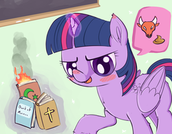 Size: 1024x800 | Tagged: safe, artist:a6p, twilight sparkle, alicorn, bull, pony, g4, antitheism, bible, book, book burning, bullshit, chalk, chalkboard, christianity, crescent, cross, female, fire, islam, magic, mormonism, mouthpiece, op is trying to start shit, poop, qur'an, reaction image, religion, religion in the comments, solo, stars, twilight sparkle (alicorn)