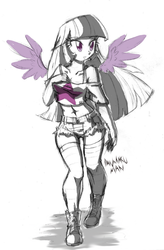 Size: 900x1371 | Tagged: safe, artist:danmakuman, twilight sparkle, human, equestria girls, g4, belly button, clothes, daisy dukes, female, grayscale, humanized, midriff, monochrome, pants, partial color, sketch, socks, solo, thigh highs, thigh socks, twilight sparkle (alicorn), winged humanization
