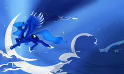 Size: 1500x900 | Tagged: safe, artist:paintedtune, princess luna, alicorn, pony, g4, female, flying, missing horn, moon, solo