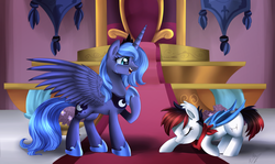 Size: 3860x2306 | Tagged: safe, alternate version, artist:pridark, princess luna, oc, oc:winter blossom, bat pony, pony, g4, bowing, crying, high res, royalty, s1 luna, throne room