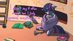Size: 1920x1080 | Tagged: safe, artist:gammaespeon, spike, twilight sparkle, alicorn, dragon, pony, g4, baby, baby dragon, book, bookshelf, cute, cutie mark, dialogue, duster, embrace, eyes closed, female, floppy ears, four-limbed hug, golden oaks library, heartwarming, horn, hug, hug from behind, ladder, male, mama twilight, mare, sitting, smiling, spikabetes, spikelove, twilight sparkle (alicorn), wallpaper, wing cocoon, winghug