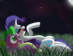 Size: 1300x1000 | Tagged: safe, artist:misspolycysticovary, rarity, spike, dragon, pony, unicorn, g4, duo, female, grass, lying down, male, night, ship:sparity, shipping, straight