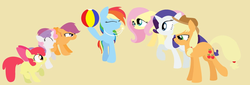 Size: 1023x347 | Tagged: safe, artist:violetandblaire, apple bloom, applejack, fluttershy, rainbow dash, rarity, scootaloo, sweetie belle, g4, bad pun, beach, beach ball, beach volleyball, blowing, blowing whistle, eyes closed, rainblow dash, referee, referee rainbow dash, sports, volleyball, whistle