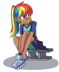 Size: 857x1043 | Tagged: safe, artist:looji, rainbow dash, human, g4, bandaid, bandaid on nose, cinder block, female, humanized, roller skates, solo