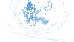 Size: 1280x720 | Tagged: safe, artist:hierozaki, princess luna, lunadoodle, g4, cute, female, flying, lunabetes, monochrome, moon, sketch, solo