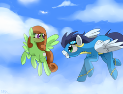 Size: 1024x788 | Tagged: dead source, safe, artist:misspolycysticovary, soarin', oc, pegasus, pony, g4, duo, flying, sky background, wonderbolts uniform