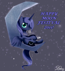 Size: 1000x1100 | Tagged: safe, artist:solar-slash, princess luna, alicorn, pony, g4, 2011, closed mouth, crescent moon, female, gray background, looking at you, mare, mid-autumn festival, moon, peytral, s1 luna, simple background, sitting, sitting on the moon, smiling, solo, tangible heavenly object, text