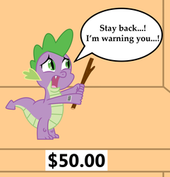 Size: 1018x1055 | Tagged: safe, artist:vincentthecrow, part of a set, spike, dragon, g4, anti-bronybait, barcode, fear, for sale, male, ponies for sale, price tag, solo, speech bubble, stick