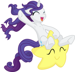 Size: 3083x3000 | Tagged: safe, artist:katequantum, artist:kp-shadowsquirrel, rarity, pony, unicorn, g4, armpits, cute, eyes closed, female, high res, loose hair, raribetes, riding, simple background, solo, stars, super star, tangible heavenly object, transparent background, underhoof, vector, wat