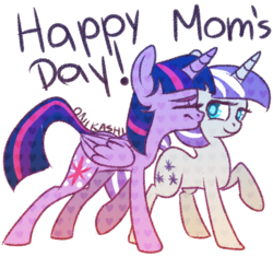 Size: 454x427 | Tagged: safe, artist:onikashi, twilight sparkle, twilight velvet, alicorn, pony, unicorn, g4, cute, eyes closed, female, heart, mare, mother and child, mother and daughter, mother's day, nuzzling, raised hoof, simple background, smiling, text, transparent background, twiabetes, twilight sparkle (alicorn), velvetbetes