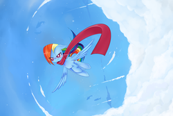 Size: 2595x1732 | Tagged: safe, artist:cyanaeolin, rainbow dash, g4, clothes, female, flying, scarf, solo