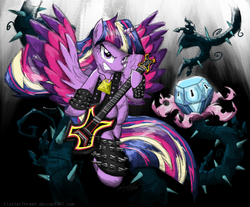 Size: 1210x1000 | Tagged: safe, artist:flutterthrash, twilight sparkle, semi-anthro, g4, princess twilight sparkle (episode), twilight's kingdom, arm hooves, black vine, bracelet, chest of harmony, electric guitar, female, flying, glare, gritted teeth, guitar, looking at you, metal, musical instrument, necklace, rainbow power, solo, spread wings, twilight sparkle (alicorn)