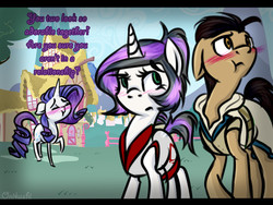 Size: 640x480 | Tagged: safe, artist:onikashi, rarity, oc, earth pony, pony, unicorn, g4, :t, blushing, clothes, embarrassed, eyes closed, floppy ears, frown, pouting, raised hoof, shipper on deck