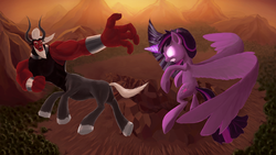 Size: 1920x1080 | Tagged: safe, artist:phiktorial, lord tirek, twilight sparkle, alicorn, pony, g4, twilight's kingdom, female, fight, glowing eyes, mare, twilight sparkle (alicorn), twilight vs tirek