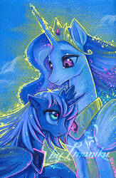 Size: 412x633 | Tagged: safe, artist:imanika, princess celestia, princess luna, alicorn, pony, g4, backlighting, duo, royal sisters, s1 luna, siblings, sisters, smiling, traditional art