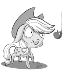 Size: 448x488 | Tagged: safe, artist:krucification, applejack, earth pony, pony, g4, apple, bait, confused, female, fishing hook, floppy ears, frown, hook, monochrome, raised eyebrow, raised hoof, reaction image, simple background, solo, transparent background, wide eyes