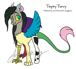 Size: 993x909 | Tagged: safe, artist:fairytalekitty, oc, oc only, oc:topsy turvy, hybrid, interspecies offspring, offspring, parent:discord, parent:fluttershy, parents:discoshy, simple background, solo, white background