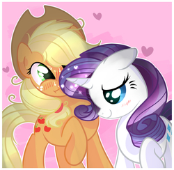 Size: 4100x3999 | Tagged: safe, artist:xwhitedreamsx, applejack, rarity, g4, blushing, female, heart, lesbian, ship:rarijack, shipping