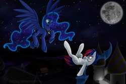 Size: 992x660 | Tagged: safe, artist:ciscoql, princess luna, oc, oc:winter blossom, alicorn, bat pony, pony, g4, bat pony oc, bat wings, canterlot castle, flying, moon, night, wings