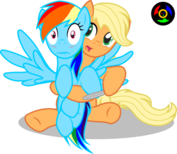 Size: 956x835 | Tagged: safe, artist:kyoshyu, applejack, rainbow dash, earth pony, pegasus, pony, g4, blushing, female, hooficure, lesbian, mare, nail file, ship:appledash, shipping, simple background, smiling, surprised, transparent background, wingboner