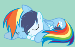 Size: 945x590 | Tagged: safe, artist:alexanderponyartist, rainbow dash, oc, oc:soar, pegasus, g4, colt, female, foal, male, mare, mother and son, offspring, parent:rainbow dash, parent:soarin', parents:soarindash, simple background, sleeping