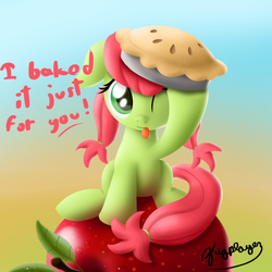 Size: 900x900 | Tagged: safe, artist:bugplayer, peachy sweet, earth pony, pony, g4, apple, apple family member, bugplayer is trying to murder us, cute, female, floppy ears, food, looking at you, mare, pie, sitting, solo, tongue out, wink