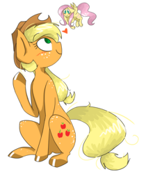 Size: 1280x1522 | Tagged: safe, artist:heeeeresizzy, applejack, fluttershy, g4, blushing, eye contact, female, floppy ears, flying, freckles, heart, lesbian, looking up, micro, ship:appleshy, shipping, sitting, smiling, spread wings