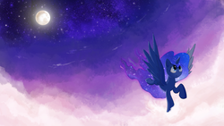 Size: 1920x1080 | Tagged: safe, artist:repoisn, princess luna, g4, cloud, female, flying, moon, sky, smiling, solo, stars