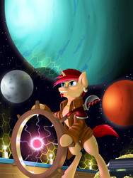 Size: 4500x6000 | Tagged: safe, artist:captainpudgemuffin, oc, oc only, oc:starskip, pony, absurd resolution, bipedal, ship, solo, space, spaceship, sword