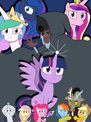 Size: 2300x3066 | Tagged: safe, artist:entou, applejack, discord, fluttershy, lord tirek, pinkie pie, princess cadance, princess celestia, princess luna, rainbow dash, rarity, twilight sparkle, alicorn, pony, g4, twilight's kingdom, female, high res, mane six, mare, twilight sparkle (alicorn)