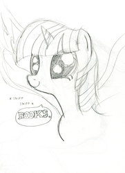 Size: 868x1200 | Tagged: safe, artist:woodcase, twilight sparkle, alicorn, pony, g4, book, dilated pupils, female, mare, monochrome, smiling, sniffing, solo, spread wings, twilight sparkle (alicorn), wingboner