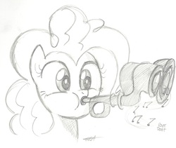 Size: 1520x1282 | Tagged: safe, artist:entou, pinkie pie, g4, female, flugelhorn, monochrome, sketch, solo