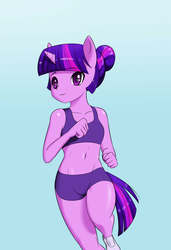 Size: 1400x2050 | Tagged: safe, artist:skecchiart, twilight sparkle, unicorn, anthro, g4, alternate hairstyle, ambiguous facial structure, anime, anime style, belly button, blue background, clothes, female, hair bun, happy, horn, jogging, midriff, multicolored mane, multicolored tail, purple eyes, purple mane, running, running shoes, running shorts, shiny fur, shoes, shorts, simple background, smiling, solo, sports bra, tight shorts, tomboy, workout outfit