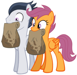 Size: 1740x1692 | Tagged: dead source, safe, artist:dreamcasterpegasus, rumble, scootaloo, pegasus, pony, g4, bag, cute, excited, female, grease, male, mouth hold, older, older rumble, older scootaloo, paper bag, ship:rumbloo, shipping, simple background, smiling, stallion, straight, transparent background