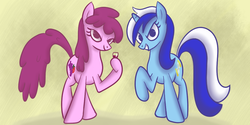 Size: 1024x512 | Tagged: safe, artist:goldenmercurydragon, berry punch, berryshine, minuette, earth pony, pony, unicorn, g4, glass