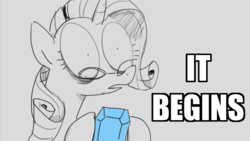 Size: 673x379 | Tagged: safe, artist:vanripper, rarity, fanfic:like fine wine, g4, fanfic, female, frown, gem, glasses, hoof hold, it begins, male, open mouth, reaction image, shocked, simple background, solo, text, the simpsons, wide eyes