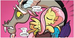 Size: 1286x665 | Tagged: safe, idw, official comic, discord, fluttershy, friends forever #5, g4, my little pony: friends forever, spoiler:comic, cropped, cute, discute, eyes closed, frown, gritted teeth, hug, open mouth, smiling
