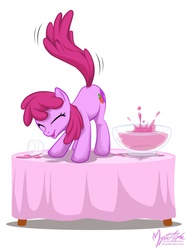 Size: 749x1000 | Tagged: safe, artist:mysticalpha, berry punch, berryshine, earth pony, pony, g4, ass up, berrybetes, bowl, cute, dancing, drunk, eyes closed, female, mare, punch bowl, solo, table, table dancing, tail wag