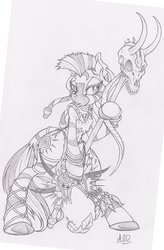 Size: 656x1000 | Tagged: safe, artist:dfectivedvice, zecora, zebra, semi-anthro, g4, arm hooves, bipedal, fantasy class, female, grayscale, mask, midriff, monochrome, skull, solo, staff, traditional art, witch doctor