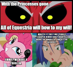 Size: 480x440 | Tagged: safe, artist:somerandomminion, lord tirek, pinkie pie, g4, my little pony: friendship is magic, twilight's kingdom, caption, crossover, exploitable meme, image macro, james, meme, phone meme, pokémon, tirek vs everyone meme