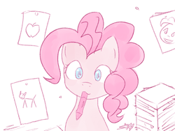 Size: 900x675 | Tagged: safe, artist:speccysy, pinkie pie, g4, :3, apple, crayon, cute, drawing, female, solo