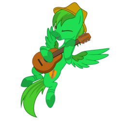 Size: 6000x6000 | Tagged: safe, artist:gitzomailru, oc, oc only, oc:green string, pegasus, pony, zebra, zebrasus, absurd resolution, flying, guitar, hoof hold, looking at you, simple background, smiling, solo, spread wings, transparent background, vector, wink