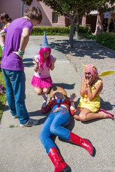 Size: 640x960 | Tagged: safe, artist:cassierolee, applejack, fluttershy, pinkie pie, spike, human, .mov, apple.mov, g4, cosplay, day, hat, irl, irl human, on back, party hat, photo, sacanime, scene interpretation