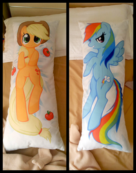 Size: 2448x3114 | Tagged: safe, artist:fluffyducky-plushie, applejack, rainbow dash, g4, bed, body pillow, customized toy, high res, irl